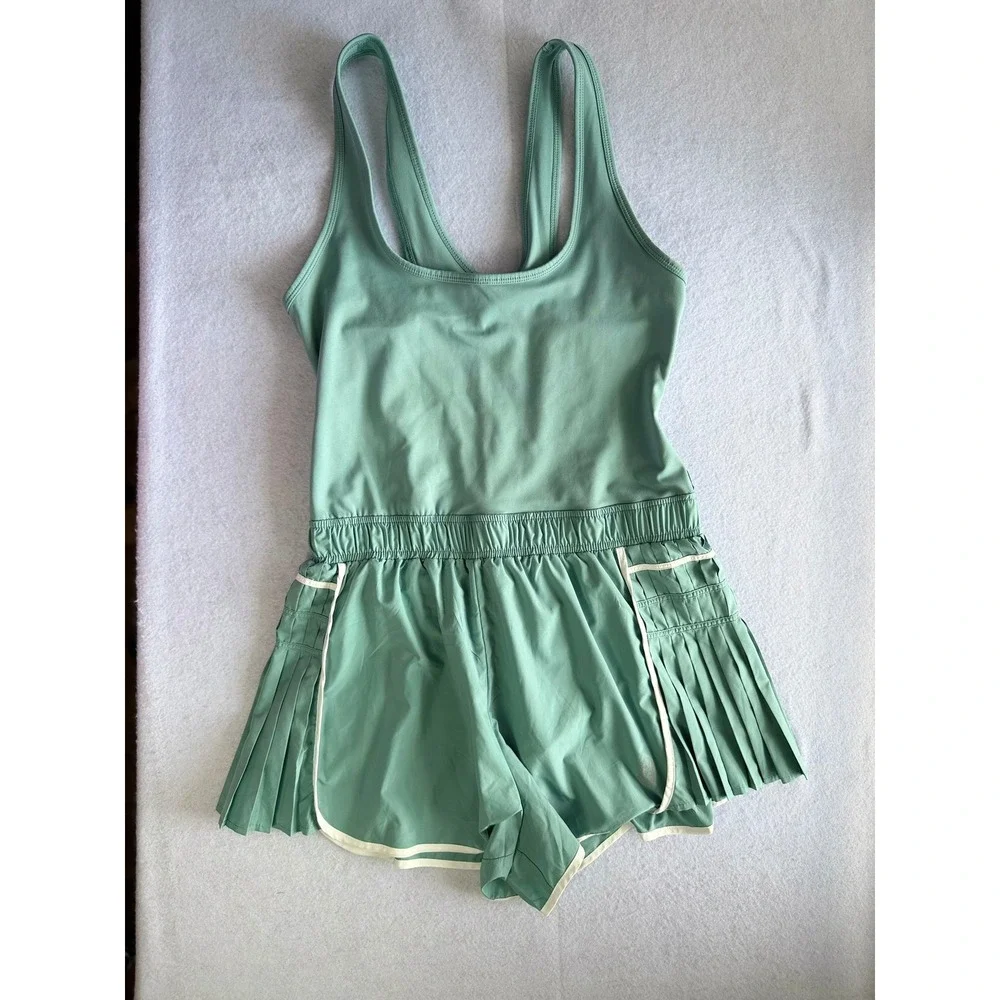 Free People Movement Pleated Short Romper Sage Green Women Medium Activewear